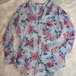 Kut from the Kloth Sheer Blue Pink Floral Button Down Blouse Size Small